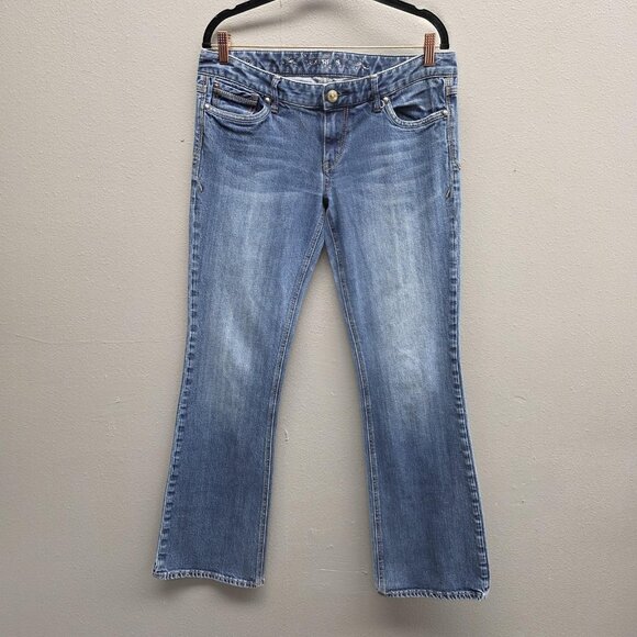 Express Jeans Womens 10R Blue Bootcut Mid Rise Stretch Denim Embroidered Pockets - Picture 1 of 13